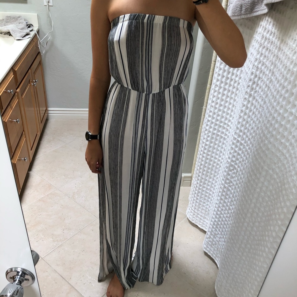 White & Blue Striped Strapless Jumper